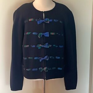 Susan Bristol Black Cardigan with Blue and Green Bow Accents